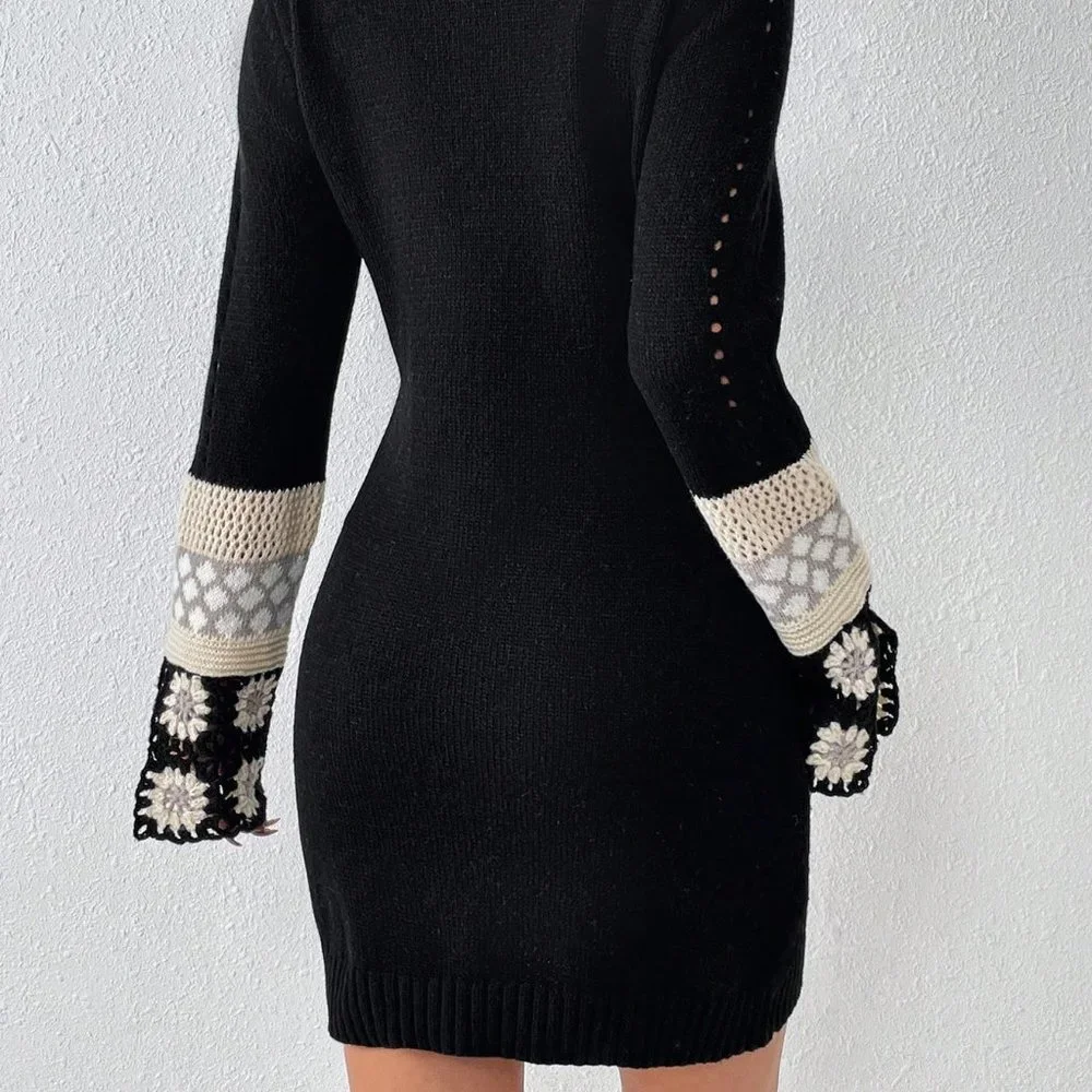 Black Preppy Womens Floral Crochet Turtle Neck Trumpet Sleeve Sweater Dress - Picture 3 of 5